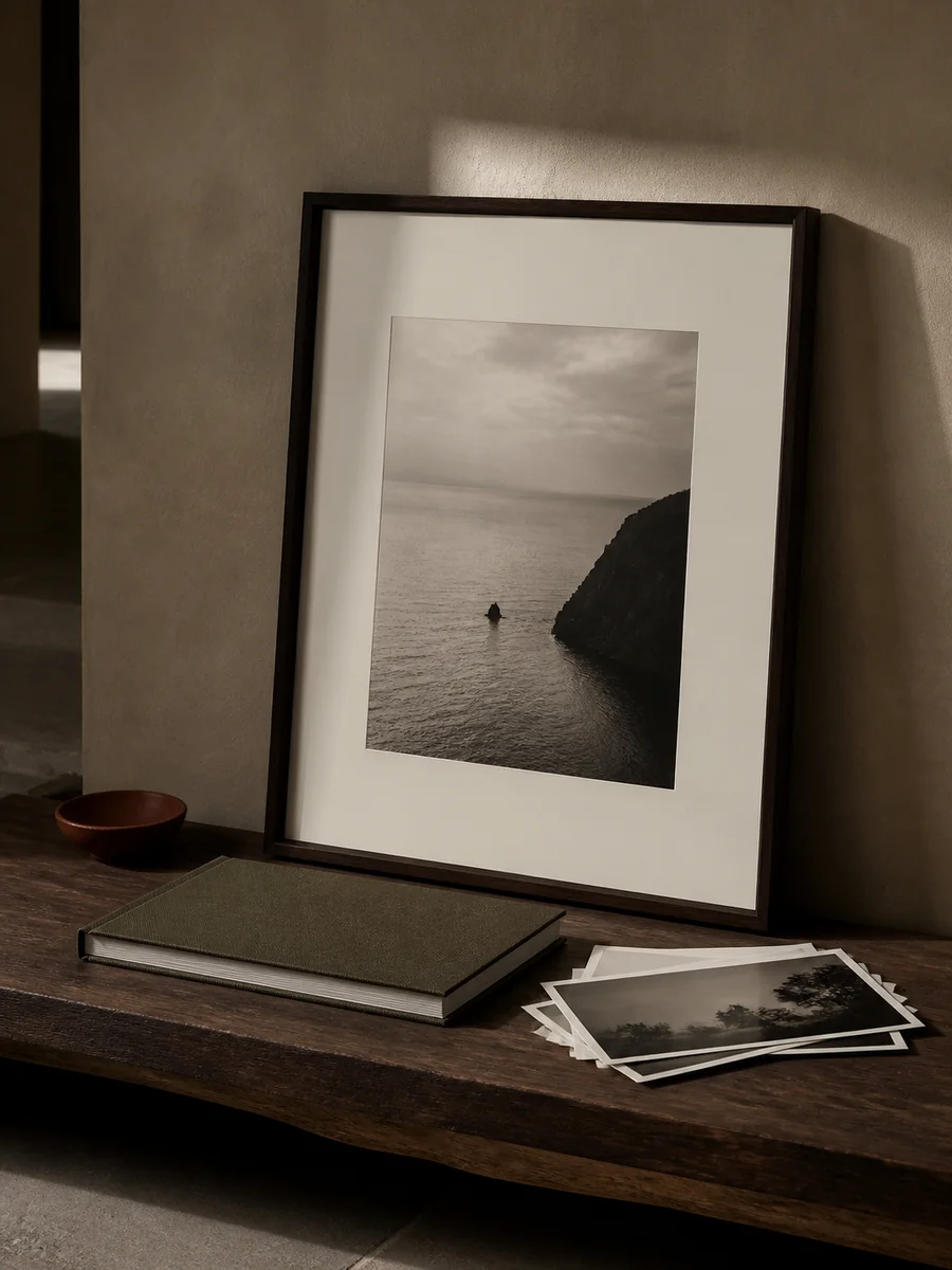 Una fotografia stampata, incorniciata e accompagnata da album e stampe